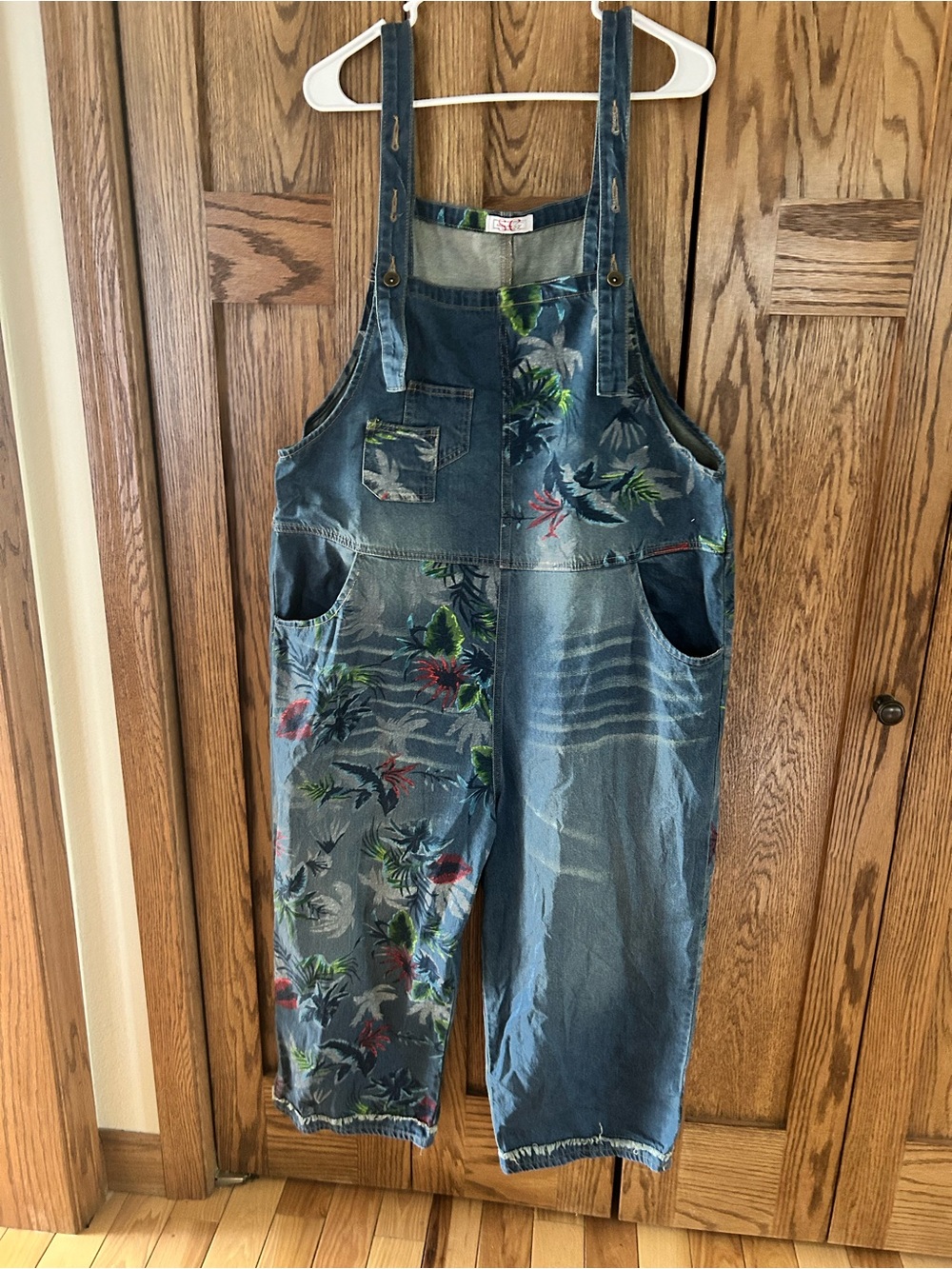 Serenity Denim Floral Overalls in Blue with Green & Red Accents